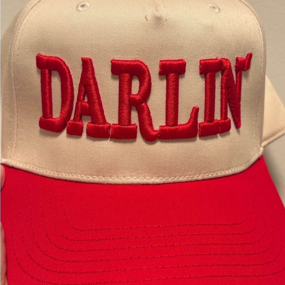 Red and Cream 'DARLIN' Trucker Hat
SnapBack Adjustable Enclosure